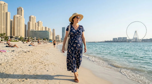 mom in maternity outfit at jbr beach