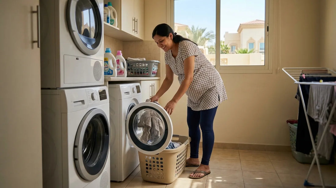 A girl doing laundry her maternity clothes