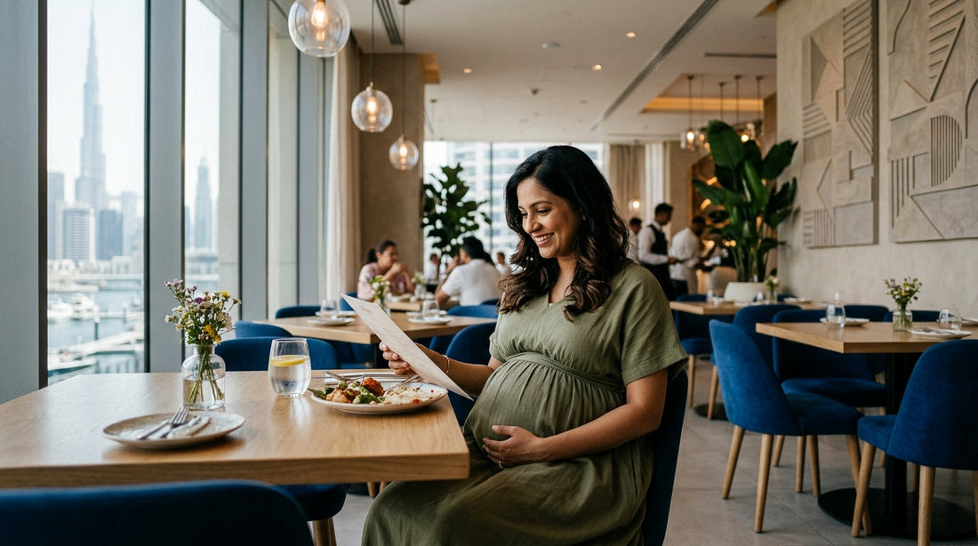 Mom in maternity clothes in dubai restaurant 