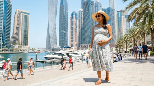 Mom in maternity clothes in hot weather of dubai