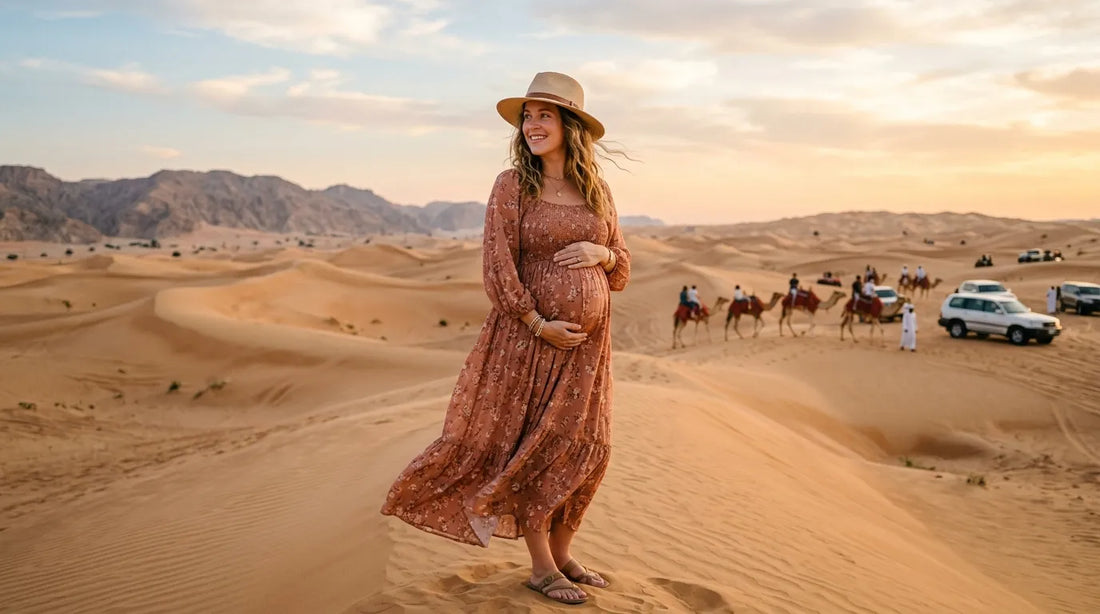 Mom at desert safari in maternity dress