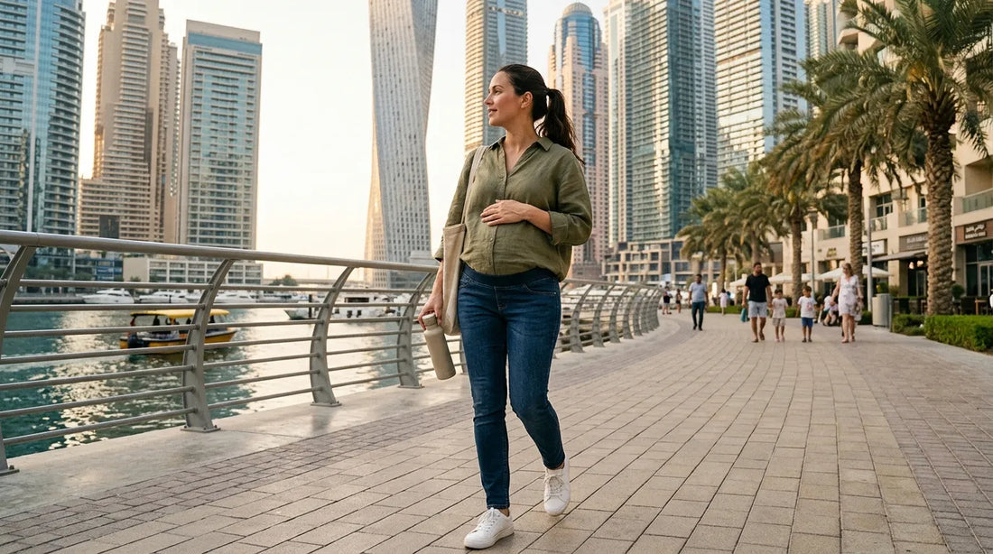 Mom in maternity pants going to office in Dubai