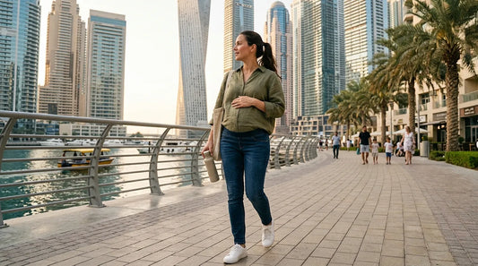Mom in maternity pants going to office in Dubai