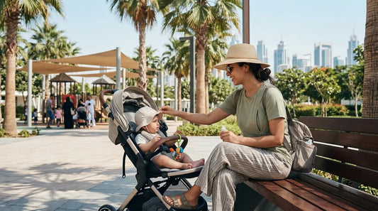 mom in nursing shirt in UAE Summer