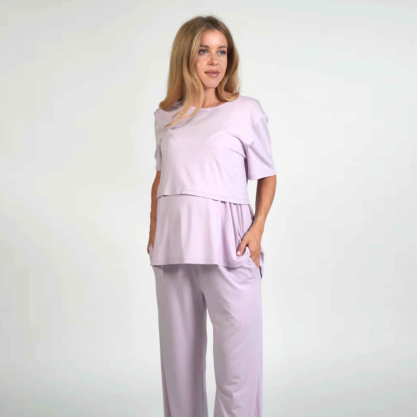 Model wearing the Mama Set in lavender from Bumply Shop