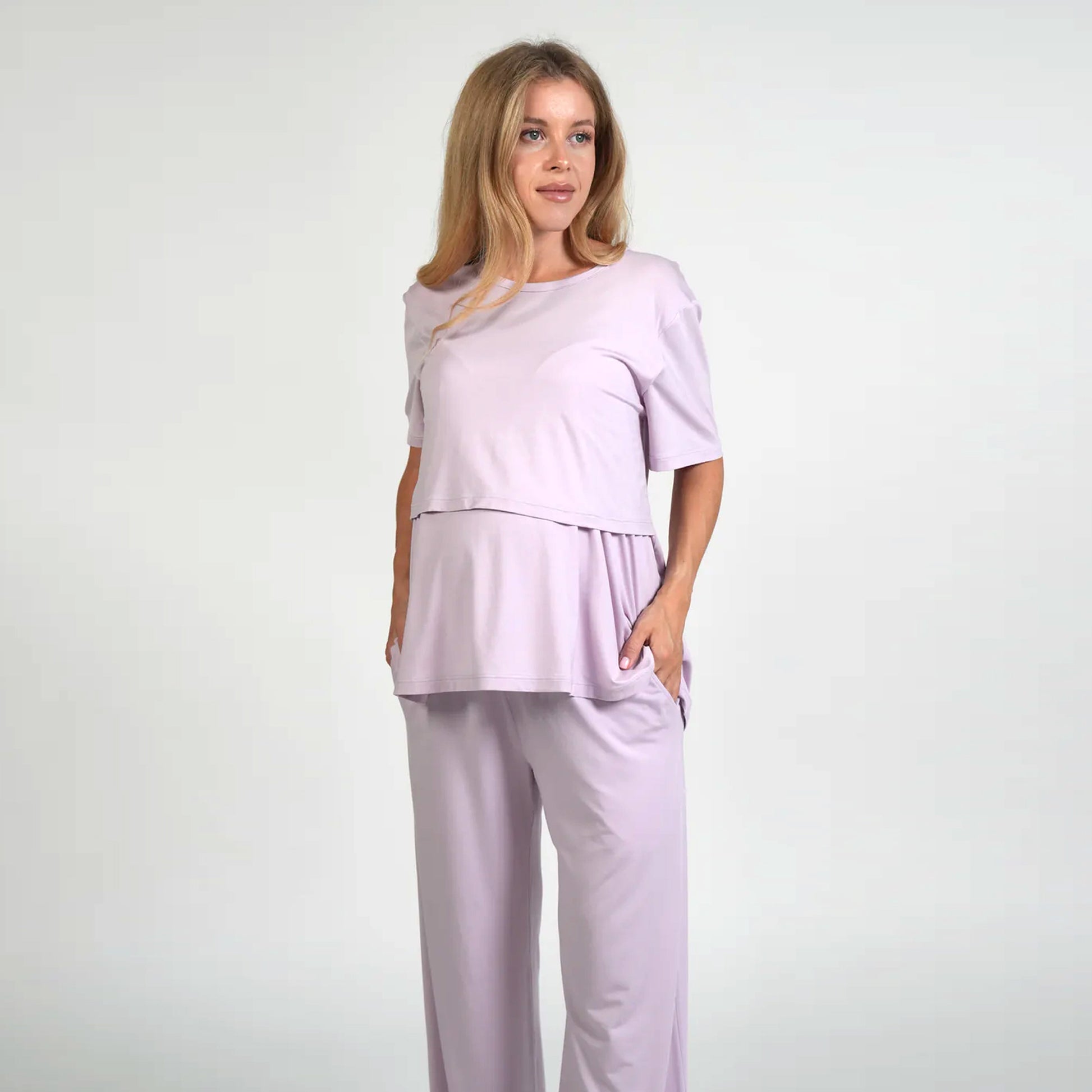 Model wearing the Mama Set in lavender from Bumply Shop
