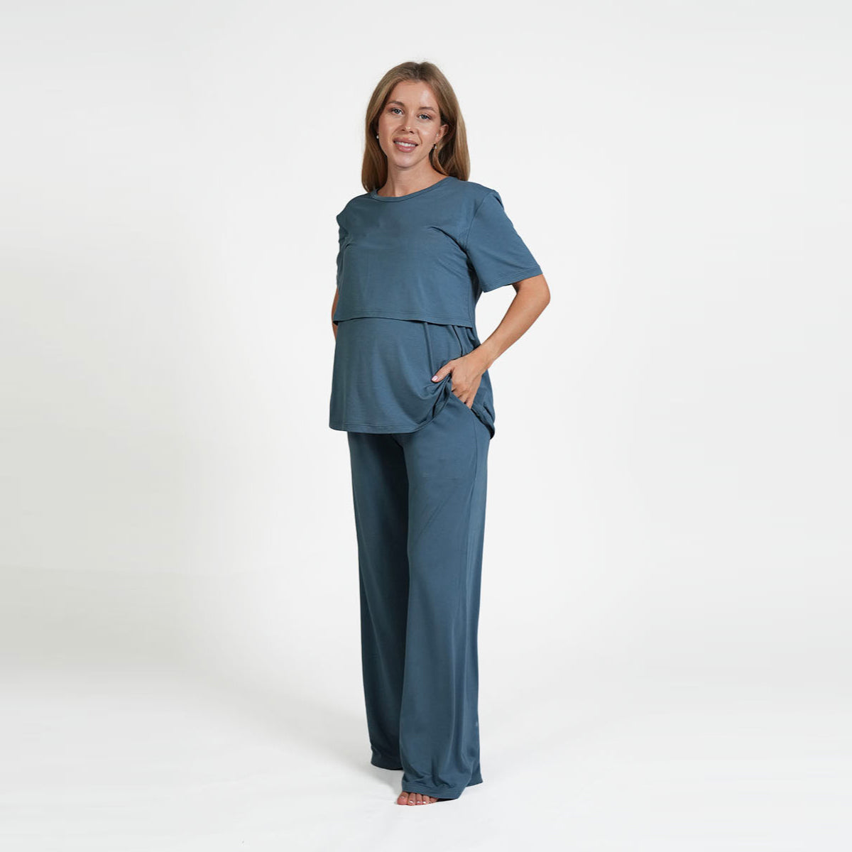 Navy blue maternity pants designed for comfort and support